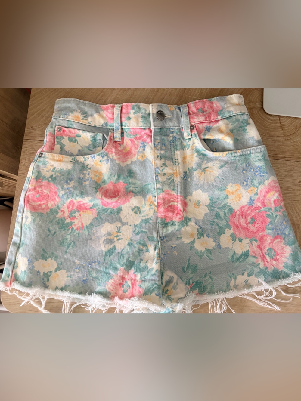 Sezane Pastel Floral Denim Shorts - Pink, Blue & Cream